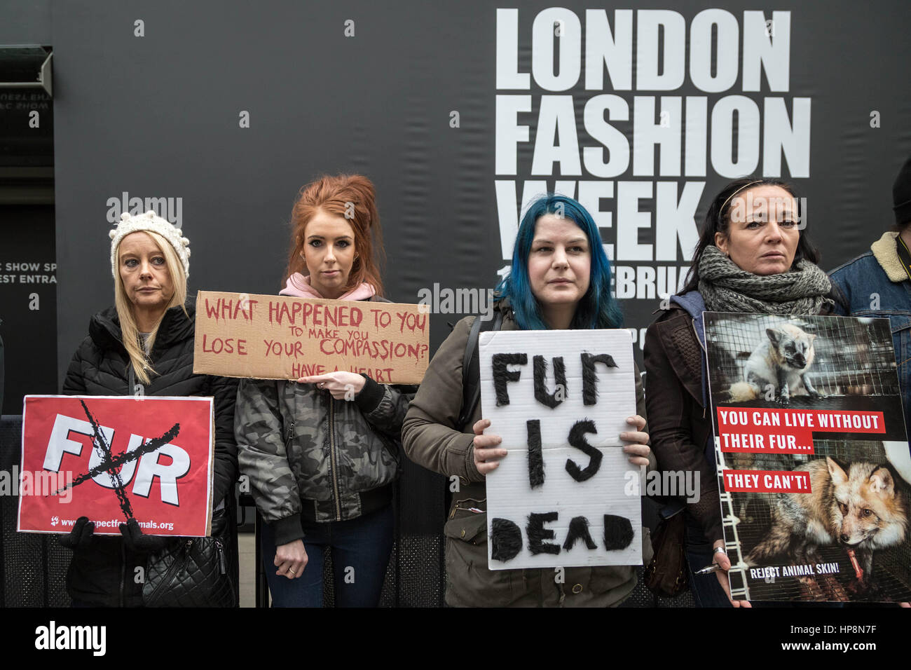London, UK. 19th Feb, 2017. Anti-Fur protests during London Fashion Week Credit: Guy Corbishley/Alamy Live News Stock Photo