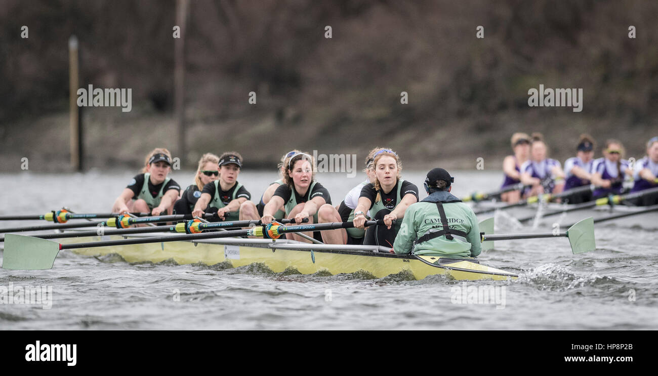 19/02/2017 Boat Race Fixture. Oxford University Women's Boat Club v University of London Boat Club. As preparation for the The Cancer Research UK Boat Races, Oxford and Cambridge clubs participate in a number of Fixtures against other clubs. Crew list:- CUWBC (Light Blue tops) b) Claire Lambe; 2) Kirsten Van Fosen; 3) Ashton Brown*; 4) Imogen Grant; 5) Holly Hill*; 6) Melissa Wilson*; 7) Myriam Goudet*; s) Alice White; c) Matthew Holland. (*Blues). ULBC (Purple tops). Credit: Duncan Grove/Alamy Live News Stock Photo