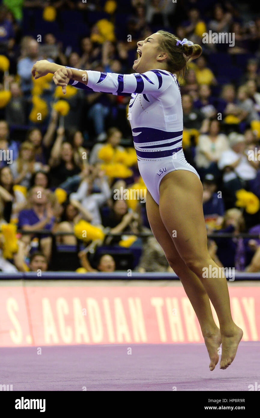 Baton Rouge, Louisiana, USA. 19th Feb, 2017. Mary Lou Retton's daughter MCKENNA KELLEY celebrates after completing her floor exercise routine at the Pete Maravich Assembly Center, Baton Rouge, Louisiana. Credit: Amy Sanderson/ZUMA Wire/Alamy Live News Stock Photo