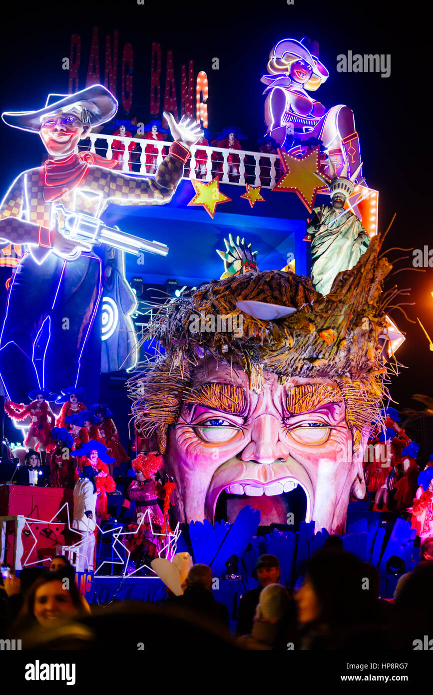 VIAREGGIO, ITALYFEB.18. float jokes about donal trump in an interesting moment of the carnival