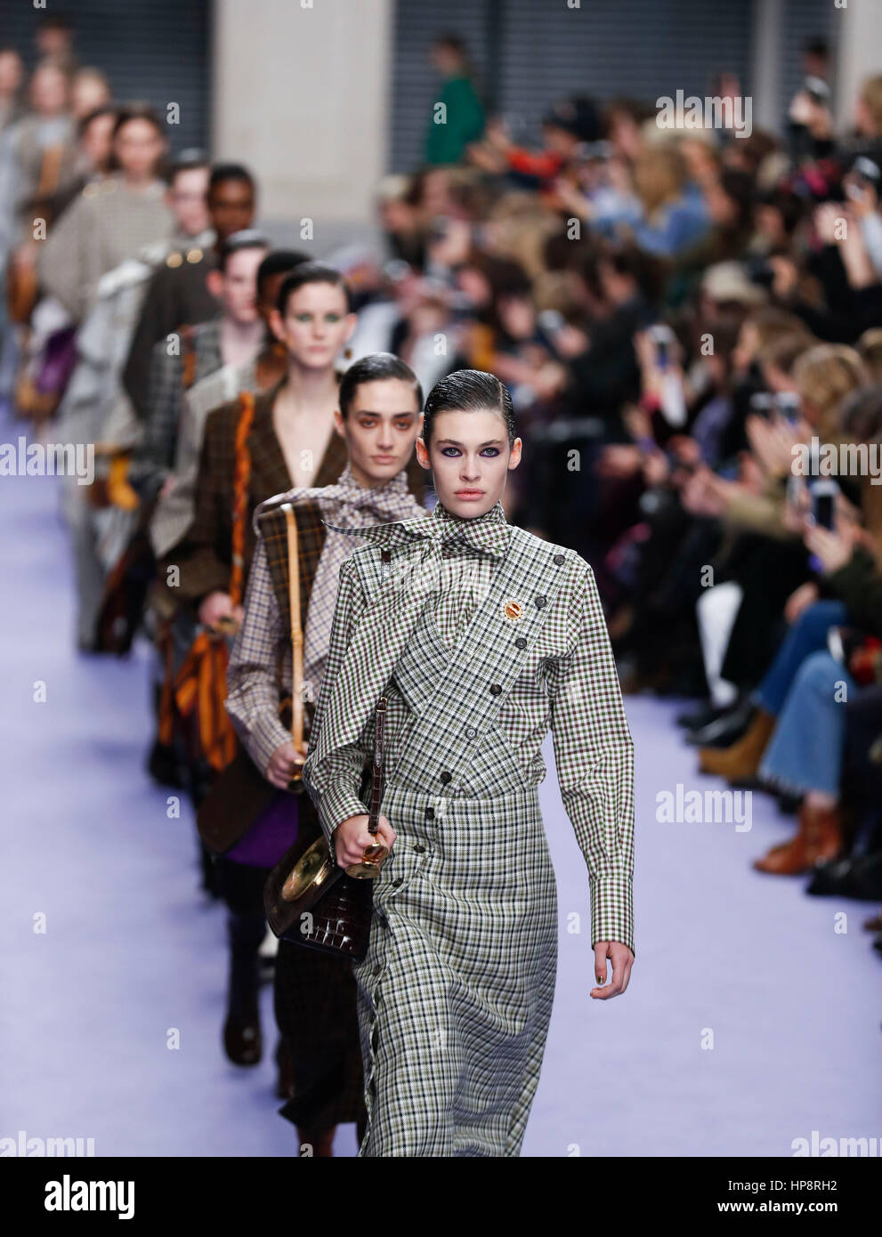 London, UK. 19th Feb, 2017. Models showcase designs at the Mulberry show during the London Fashion Week February 2017 collections in London, UK, on Feb. 19, 2017. Credit: Han Yan/Xinhua/Alamy Live News Stock Photo