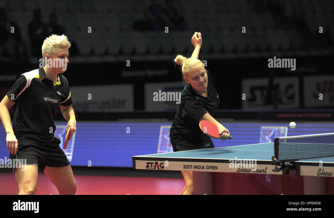 New Delhi, India. 19th Feb, 2017. Matilda Ekholm of Sweden and Georgina Pota  (R) of Hungary compete during the women's doubles final against Doo Hoi Kem  and Lee Ho Ching of Hong