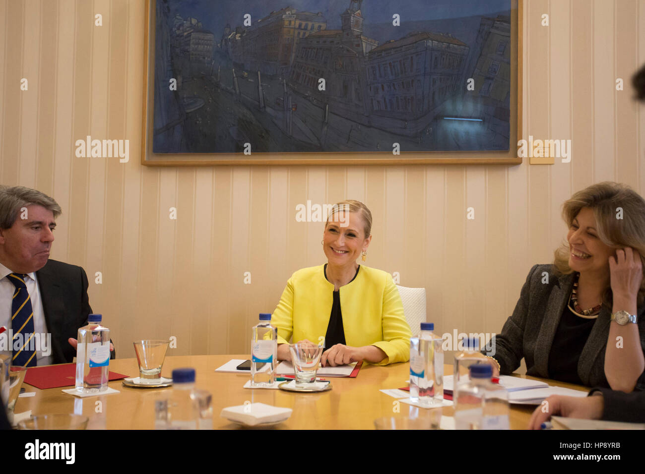 Partido Popular politician Cristina Cifuentes meets with Ciudadanos party representatives for the approval of the city budget in Madrid on Monday 20, February 2017. Stock Photo