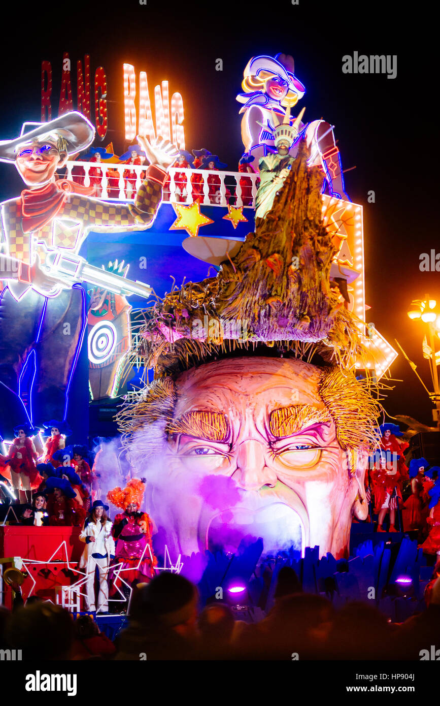 VIAREGGIO, ITALYFEB.18. float jokes about donal trump in an interesting moment of the carnival