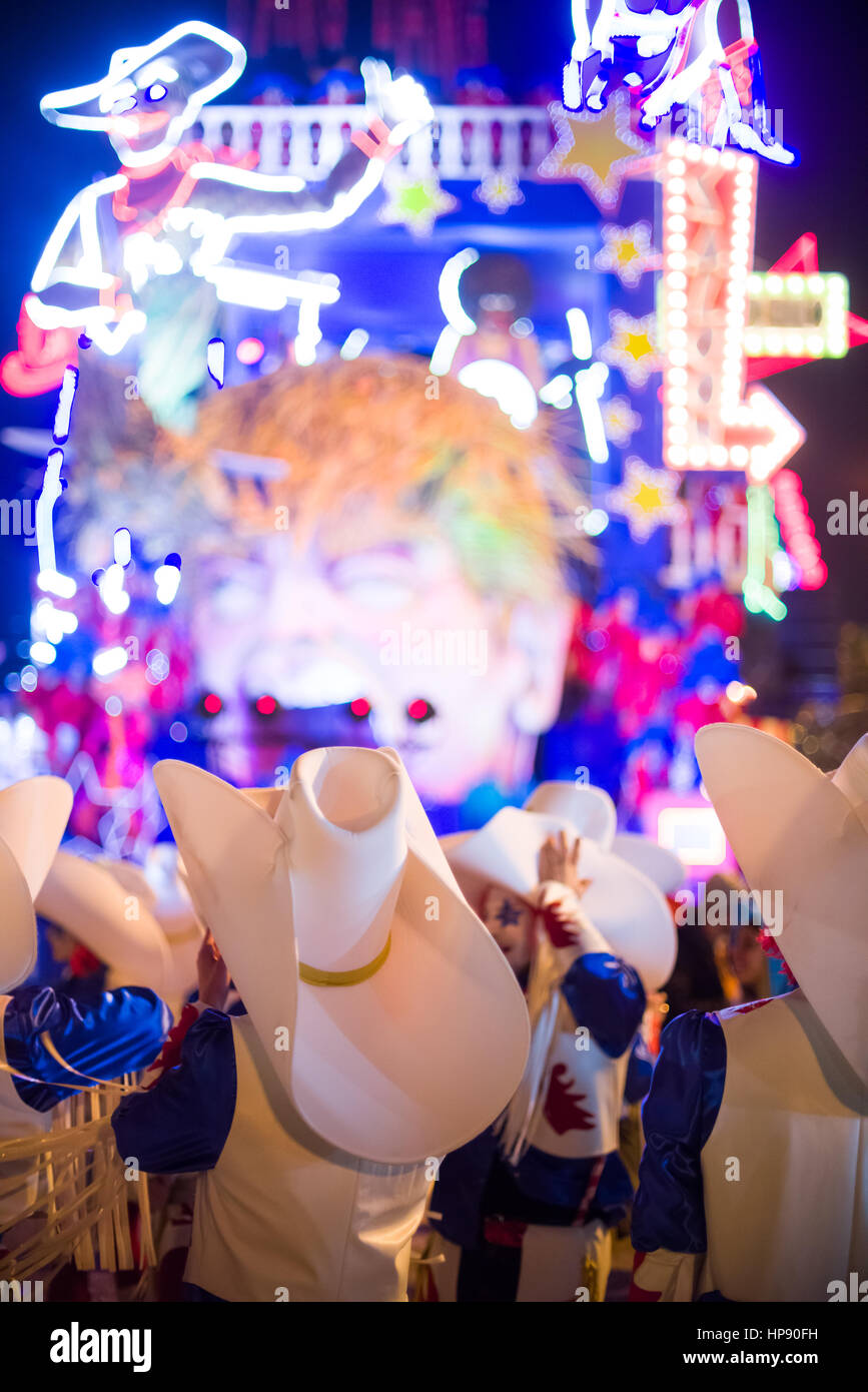 VIAREGGIO, ITALYFEB.18. float jokes about donal trump in an interesting moment of the carnival
