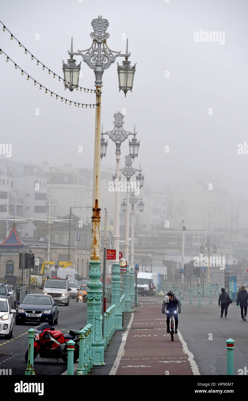 Brighton, Sussex, UK. 20th Feb, 2017. Brighton seafront shrouded in fog this morning as temperatures of up to 17 degrees have been forecast for some parts of Britain Credit: Simon Dack/Alamy Live News Stock Photo