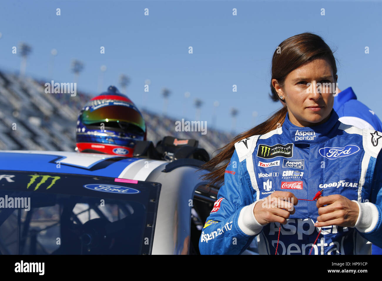 Daytona Beach, Florida, USA. 19th Feb, 2017. February 19, 2017 - Daytona Beach, Florida, USA: Danica Patrick (10) gets suited up on pit road prior to the Monster Energy NASCAR Cup Series teams taking to the track to qualify for the Daytona 500 at Daytona International Speedway in Daytona Beach, Florida. Credit: Justin R. Noe Asp Inc/ASP/ZUMA Wire/Alamy Live News Stock Photo