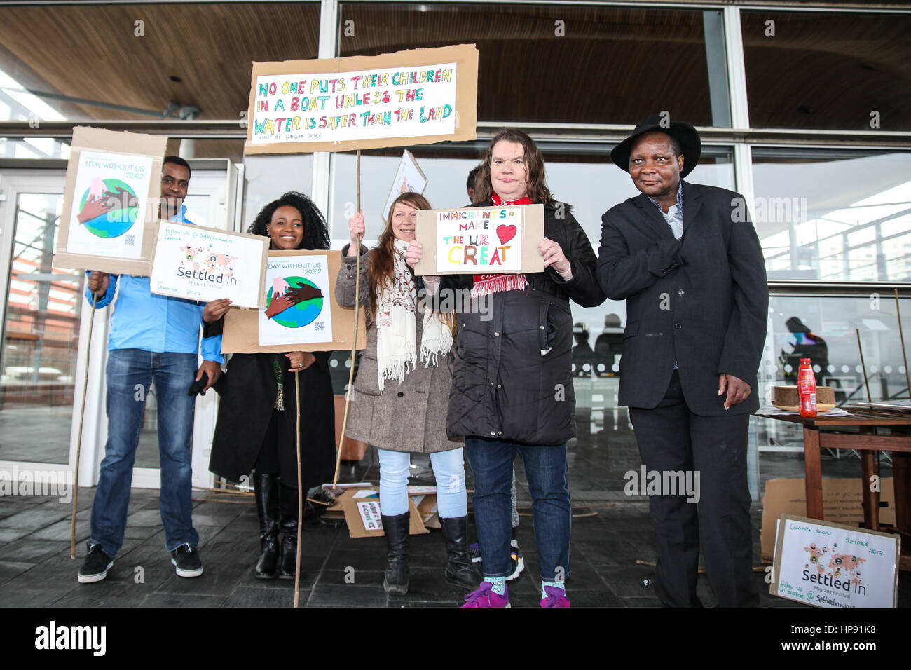 The Senedd, Cardiff Bay, Cardiff, South Glamorgan, UK. 20th Feb, 2017. One Day Without Us - National Day of Action. Celebrating the contribution of migrants to the UK, to coincide with UN World Day of Social Justice. Taking place outside the Senedd in Cardiff Bay. Credit: Andrew Lewis/Alamy Live News Stock Photo