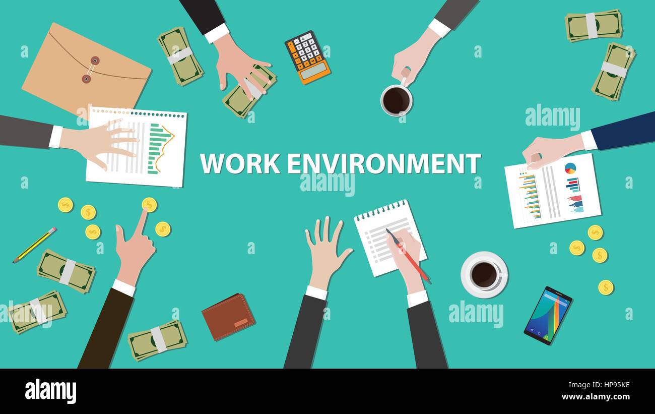 work environment concept discussion illustration with paperworks, money