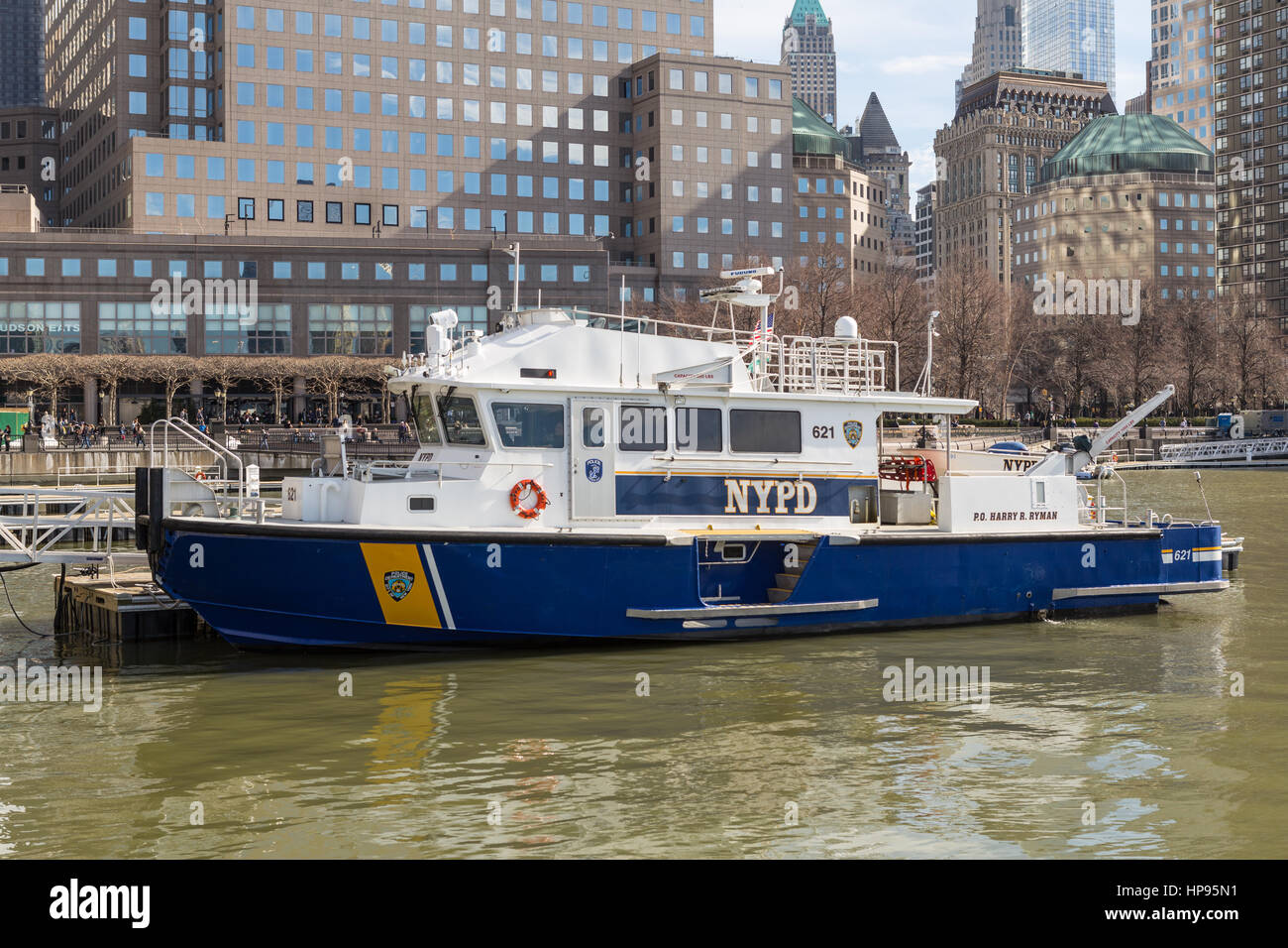 NYPD harbor patrol boat 'P.O. Harry R. Ryman' anchored at the North Cove Marina at Brookfield Place in New York City. Stock Photo