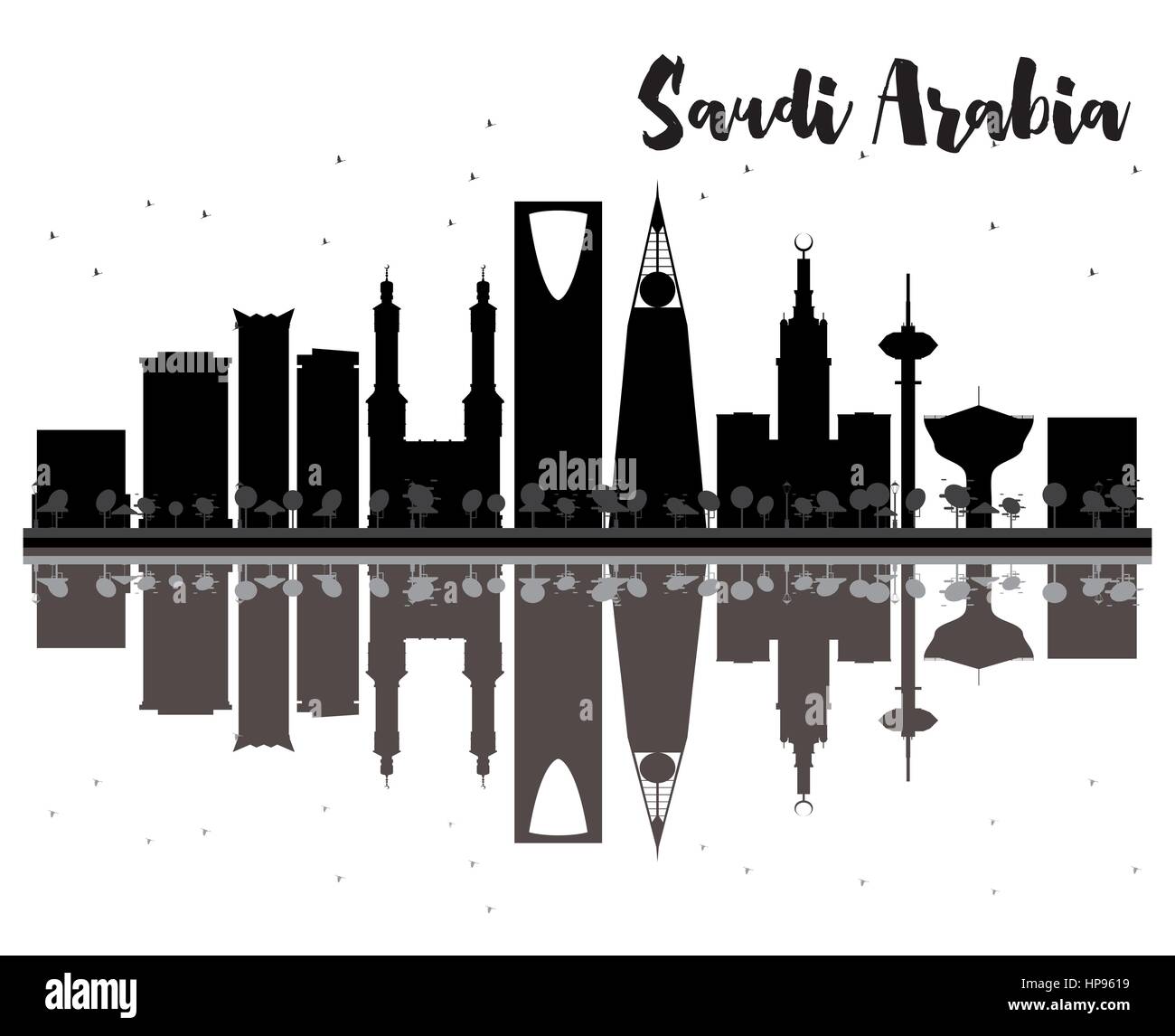 Saudi Arabia skyline black and white silhouette with reflections. Vector illustration. Simple flat concept for tourism presentation, banner, placard Stock Vector