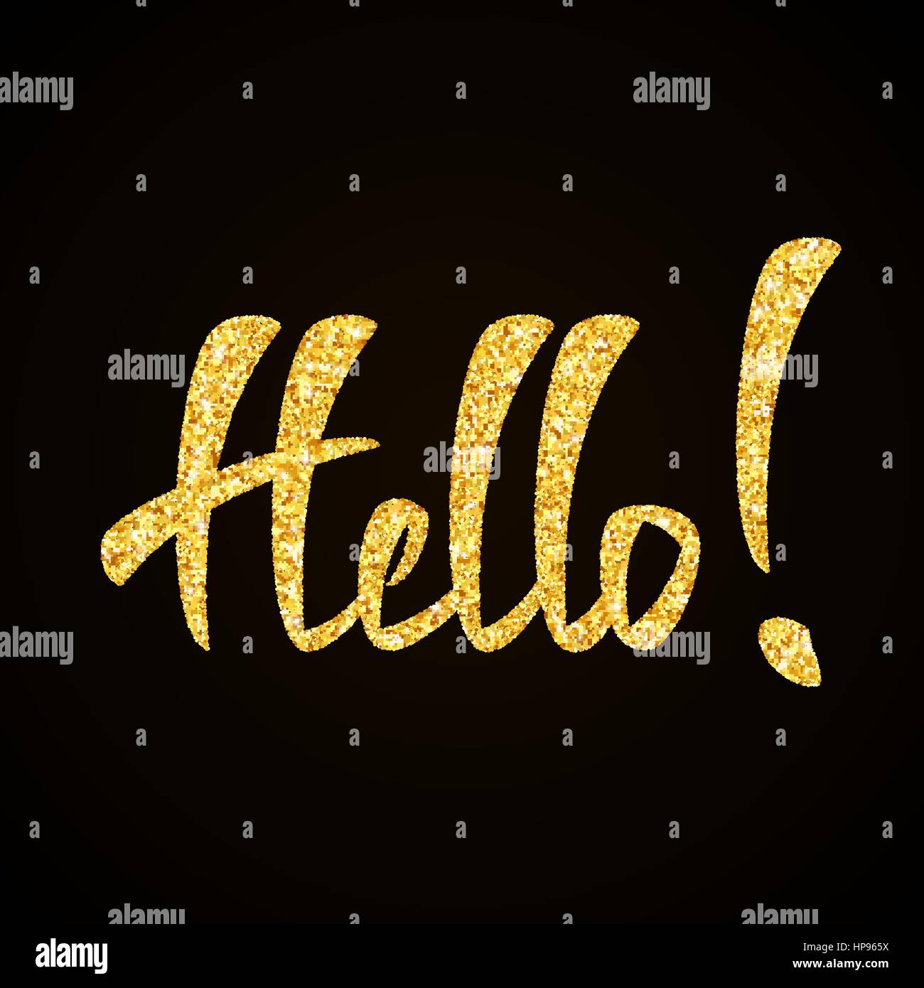 Hello gold glitter hand lettering on black background greeting card Stock Vector