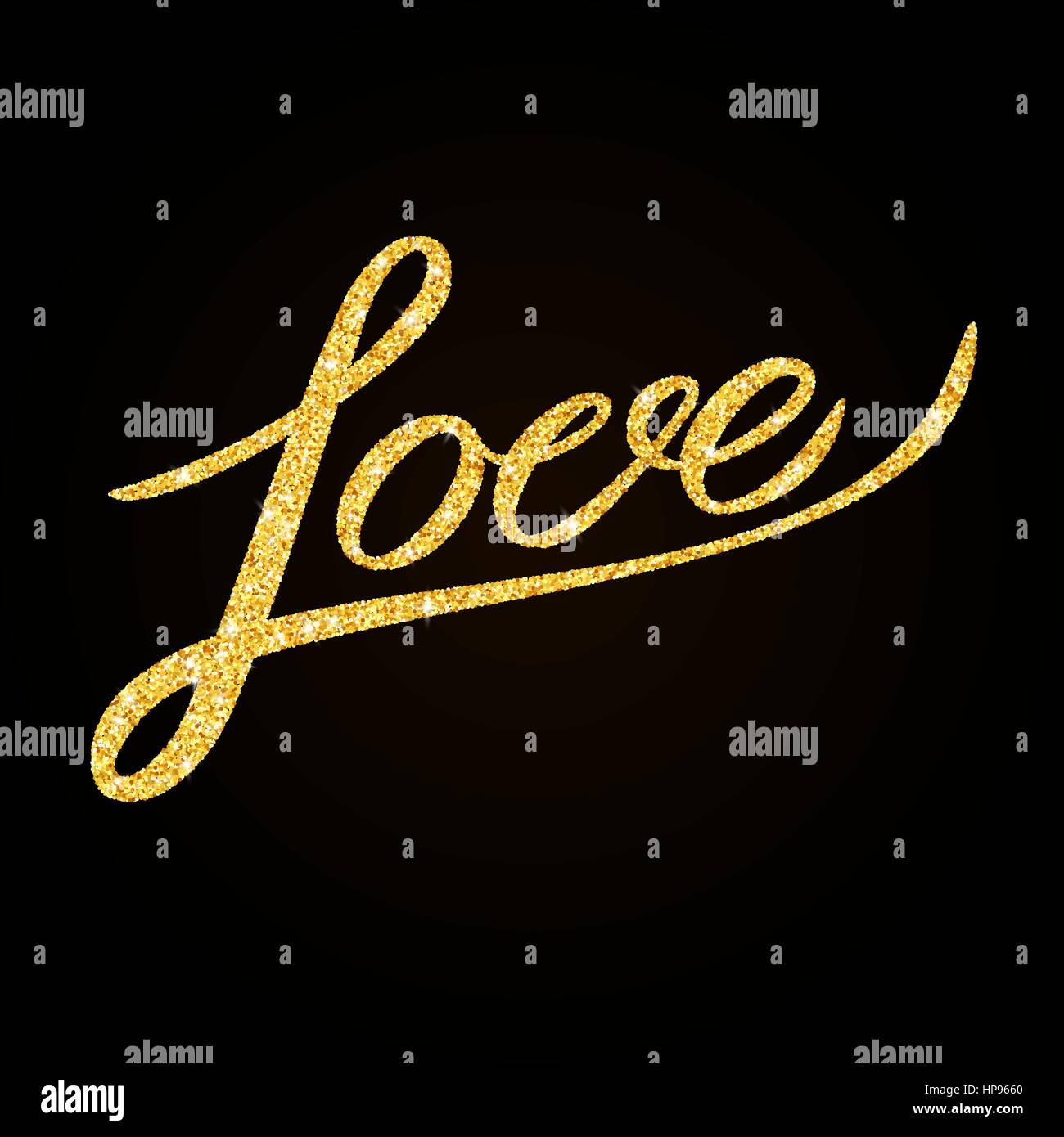 Love - gold glitter hand lettering on black background greeting card Stock Vector