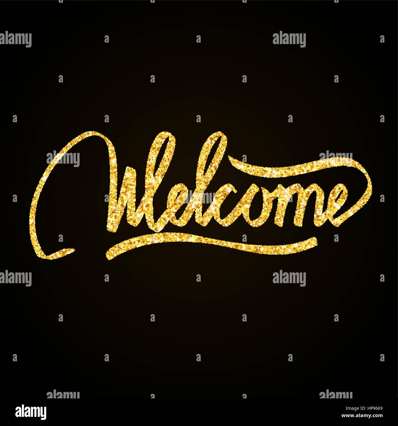 Welcome gold glitter hand lettering on black background greeting card Stock Vector