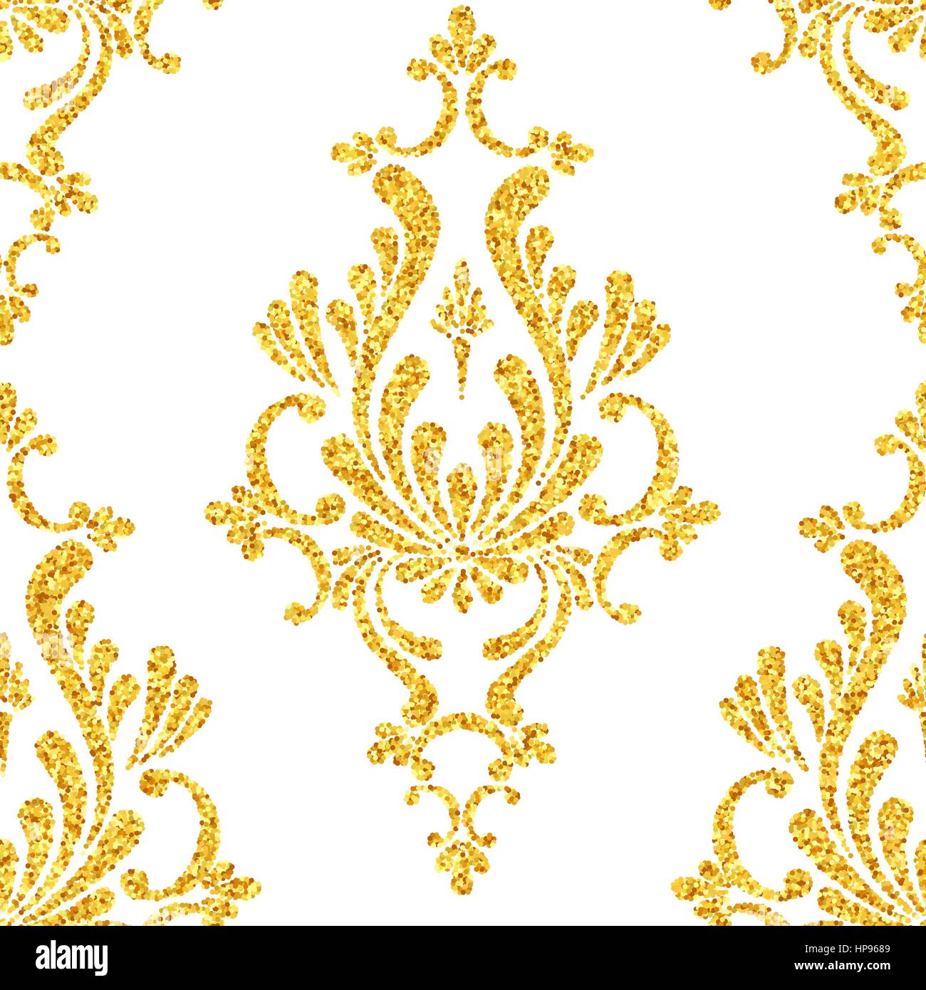 Vector gold glitter damask floral seamless pattern, golden sparkles on ...