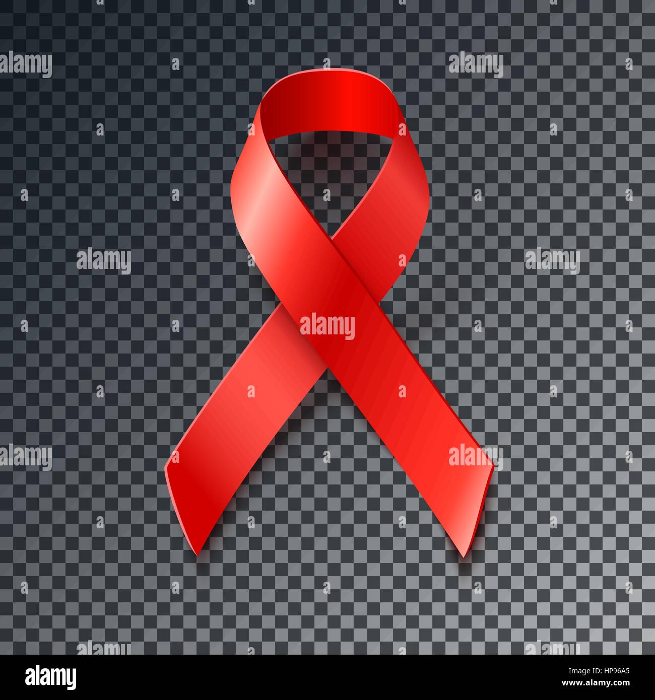 Red ribbon with transparent shadow. Awareness World Cancer Day design element isolated on dark background, vector illustration Stock Vector