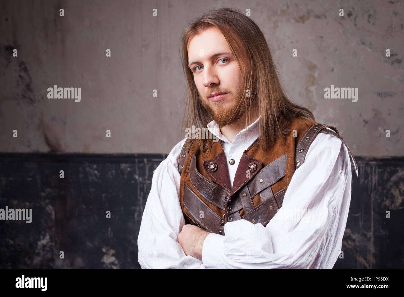 Handsome Male Steam Punk Retro Man Portrait Over Grunge