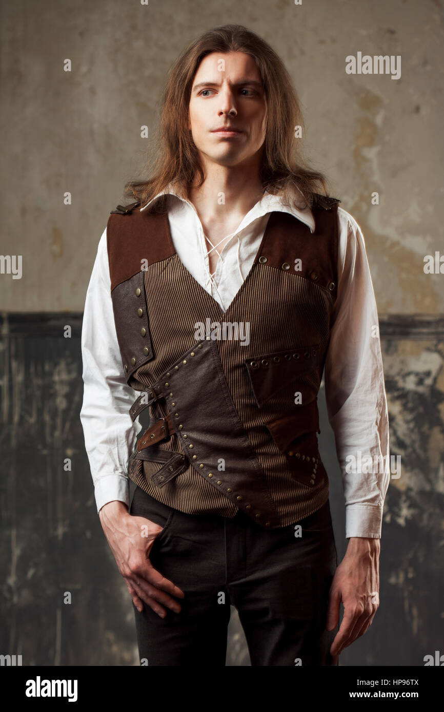 Retro Man Portrait Over Grunge Background Steam Punk Style Stock