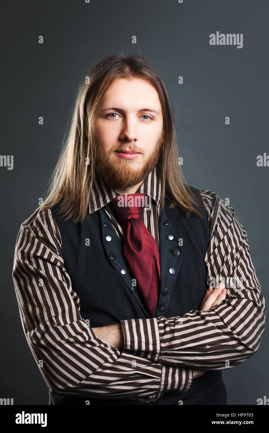 Retro Man Portrait Over Grunge Background Steam Punk Style Stock