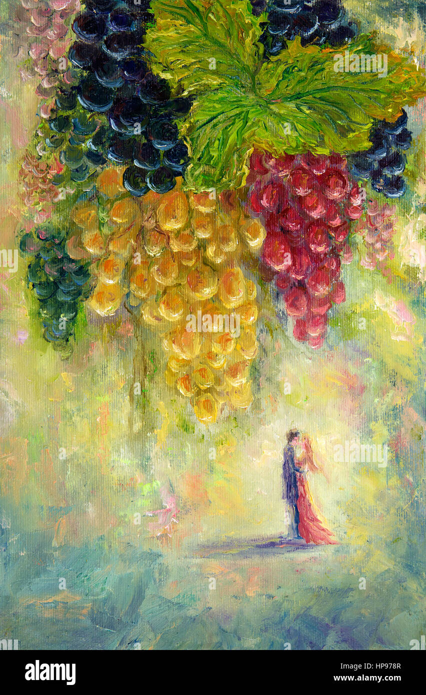 Original  oil painting of bunch of grapes and couple kissing in distance  on canvas.Modern Impressionism, modernism,marinism Stock Photo