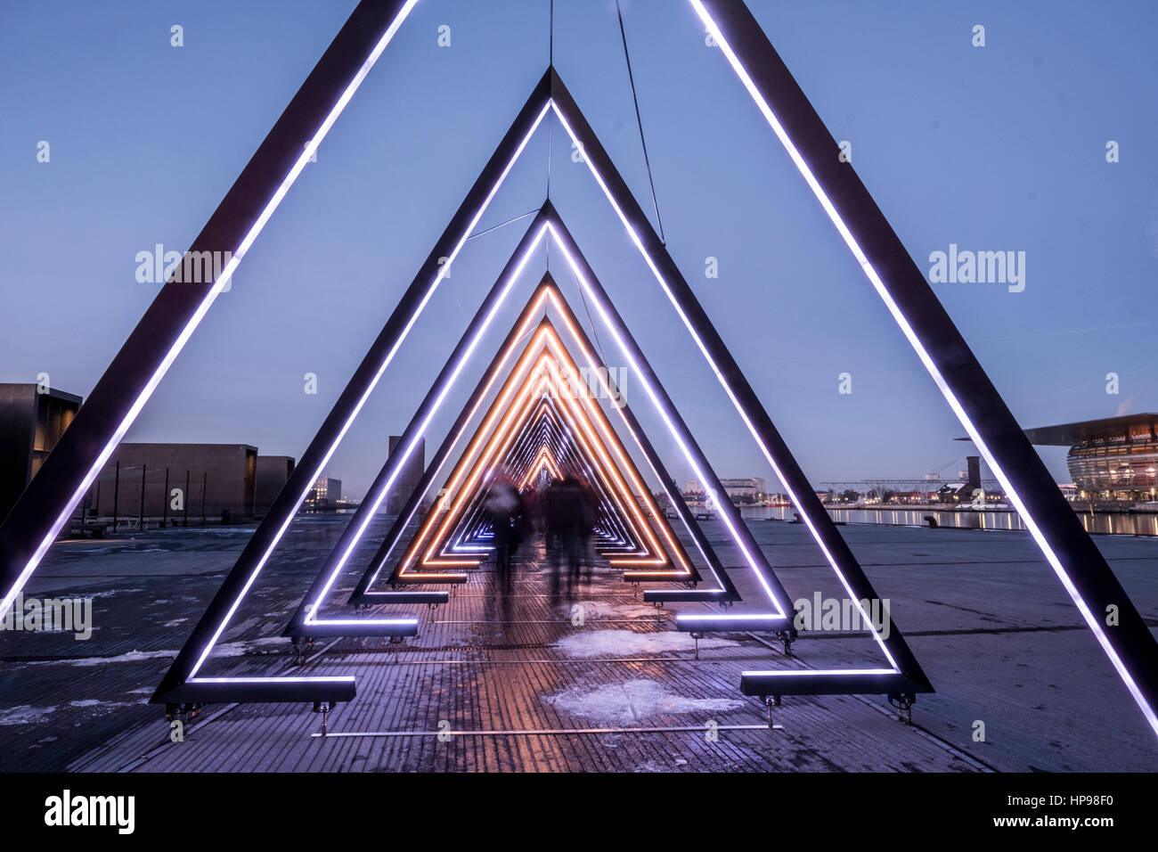 The Wave, an interactive sound- and light installation, is spanning 80 metres on Ofelia Plads as part of the Danish art and music festival Frost Festi Stock Photo