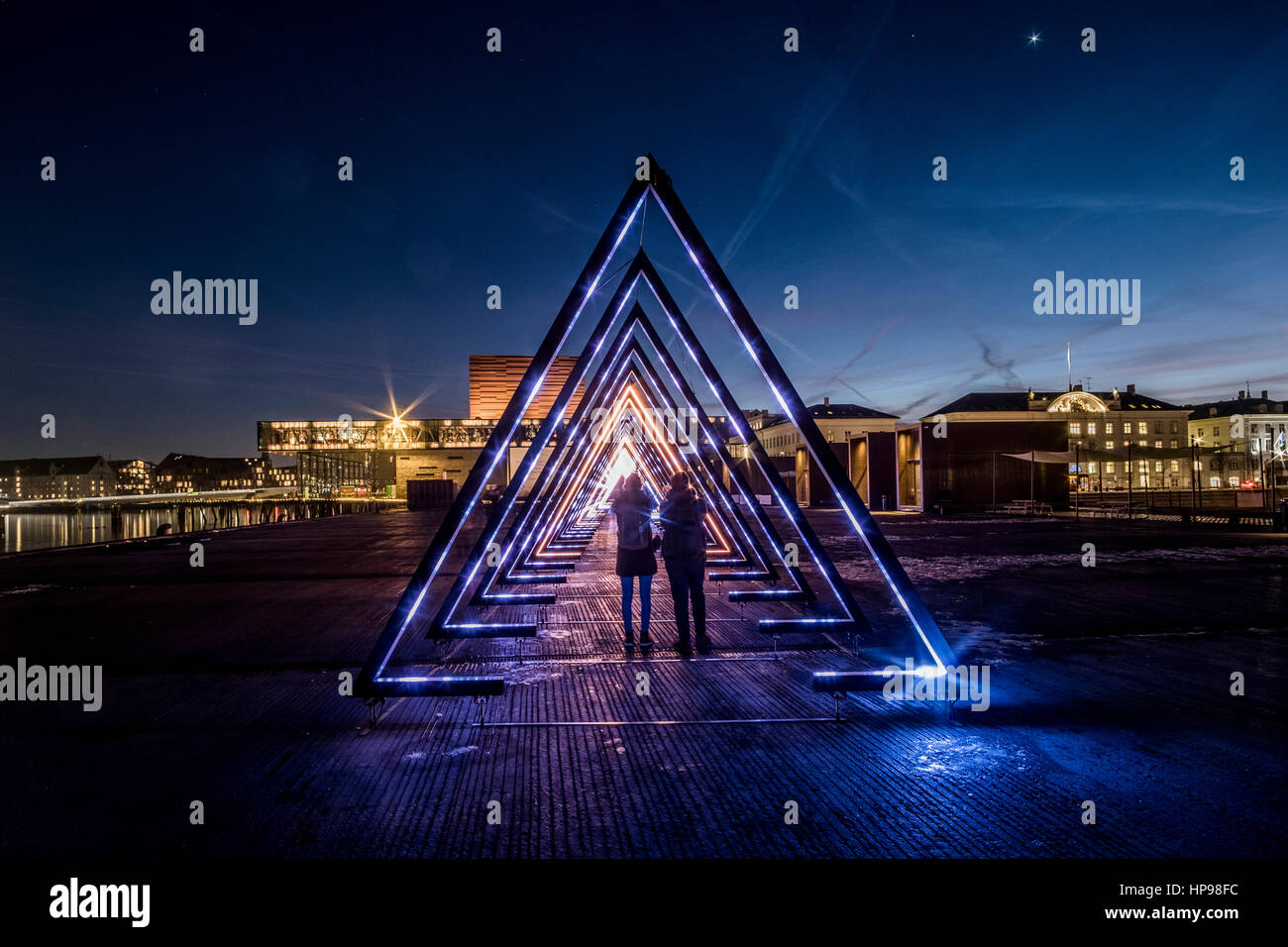 The Wave, an interactive sound- and light installation, is spanning 80 metres on Ofelia Plads as part of the Danish art and music festival Frost Festi Stock Photo