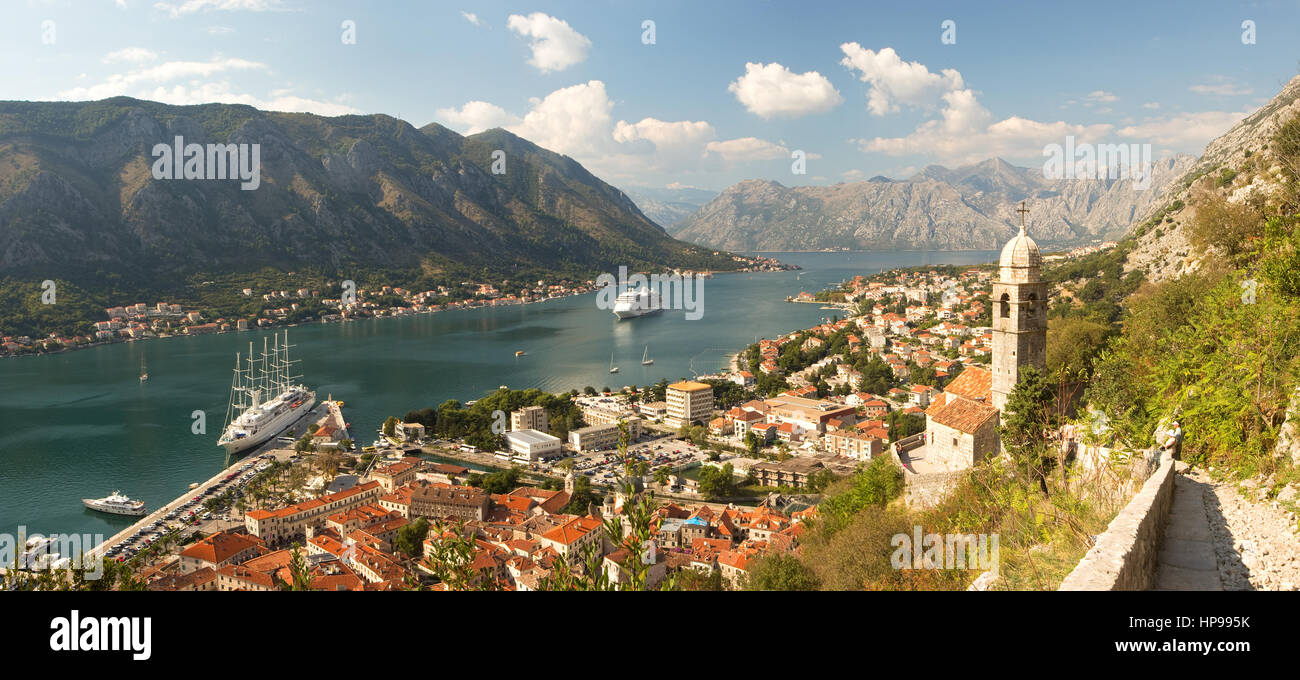 Vista of beautiful Kotor and Kotor Bay, Montenegro, from high above on the hike to St John's Fortress Stock Photo