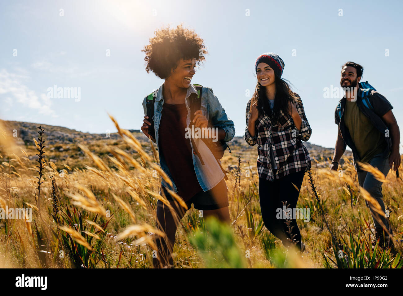 Happy Group Of Friends Hiking Together On A Summer Day Group Of