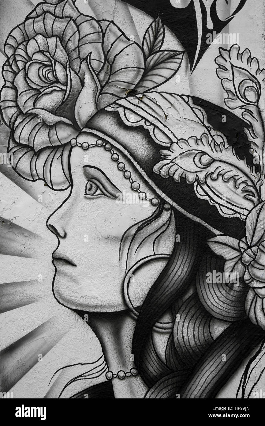 Black & White Illustration of Gypsy Fortune Teller and Rose At Tattoo Parlour, Fleetwood, UK Stock Photo