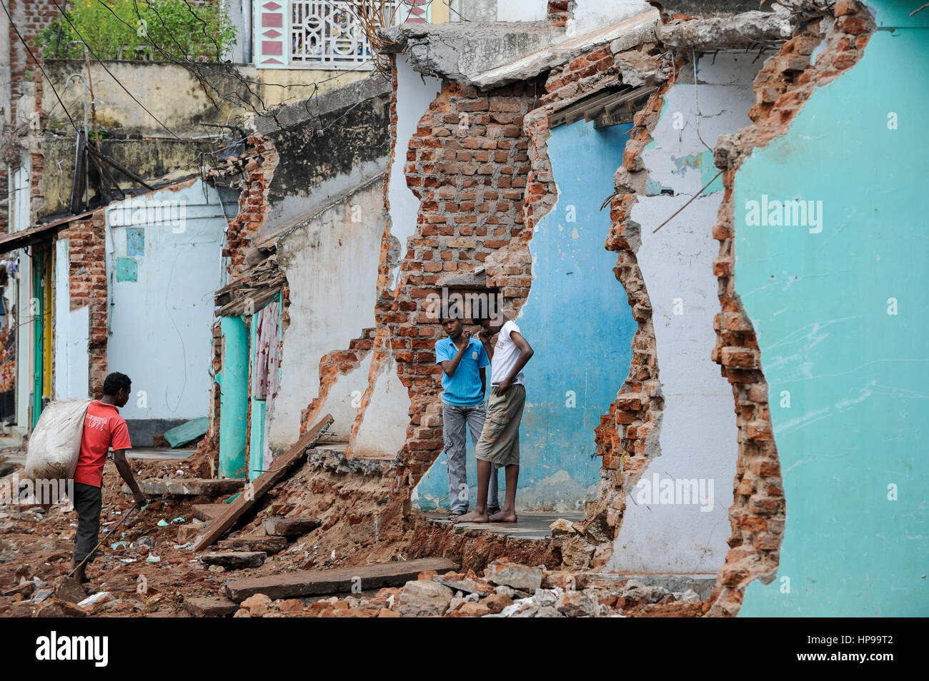 INDIA Odisha Orissa Raygada, by police demolished houses to broaden the road Stock Photo