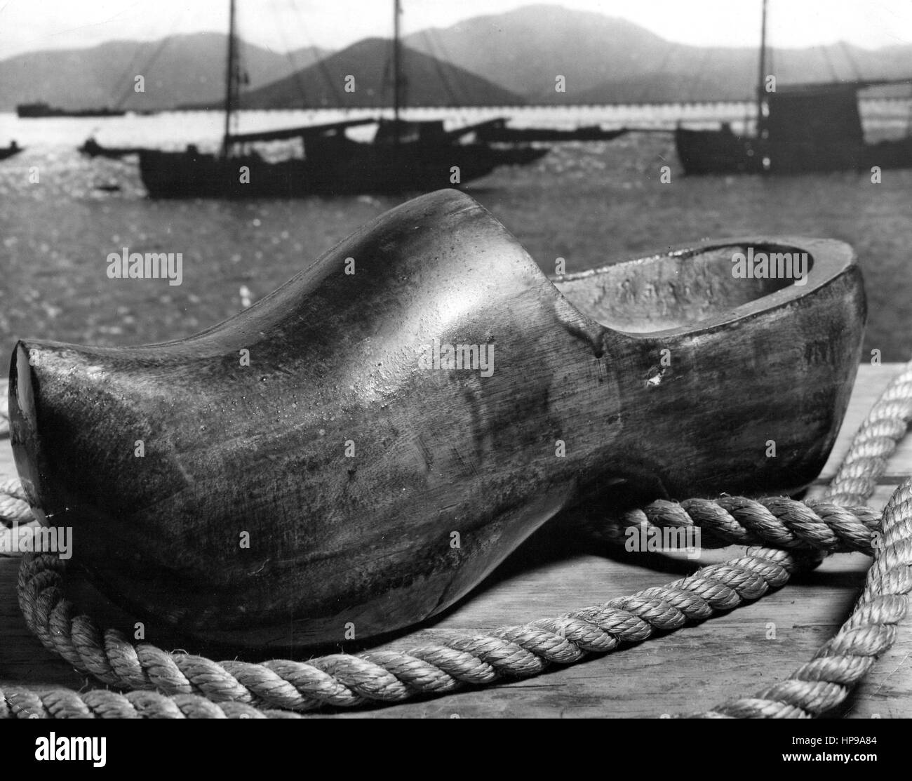 Wooden shoe on a boat dock. Stock Photo