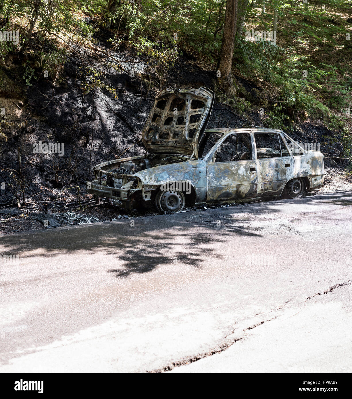 Burnt out car wreck after a fire in the forest road. Burnt out
