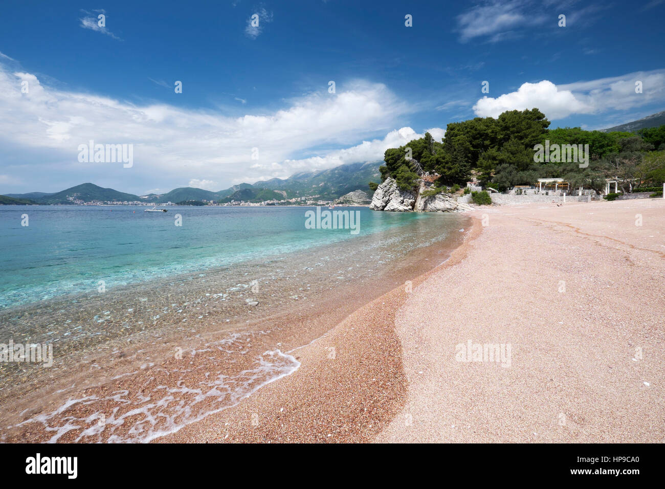 The beach at Aman Sveti Stefan luxury resort near Budva, Montenegro Stock Photo
