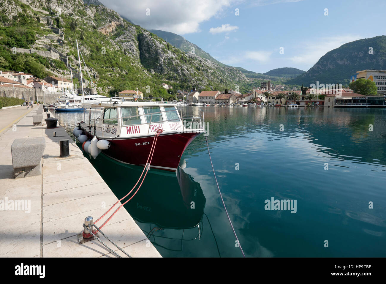 Tourist excursion boat moored at Kotor, Montenegro Stock Photo