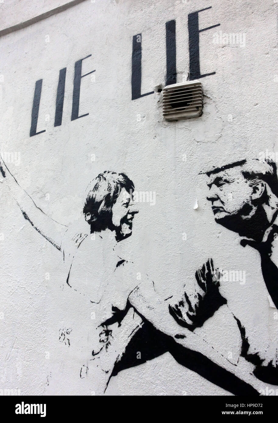 'Lie Lie Land' by street artist Bambi spoofs the Hollywood movie with May and Trump as the dancers, Islington, London Stock Photo