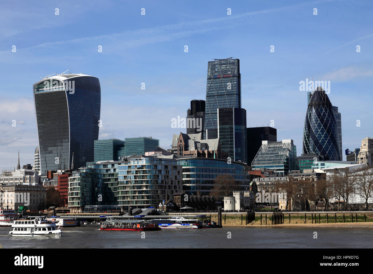 Summer, river Thames, North Bank, Walkie-Talkie building, Swiss Bank  Building the Gherkin, London City, England, UK Stock Photo - Alamy