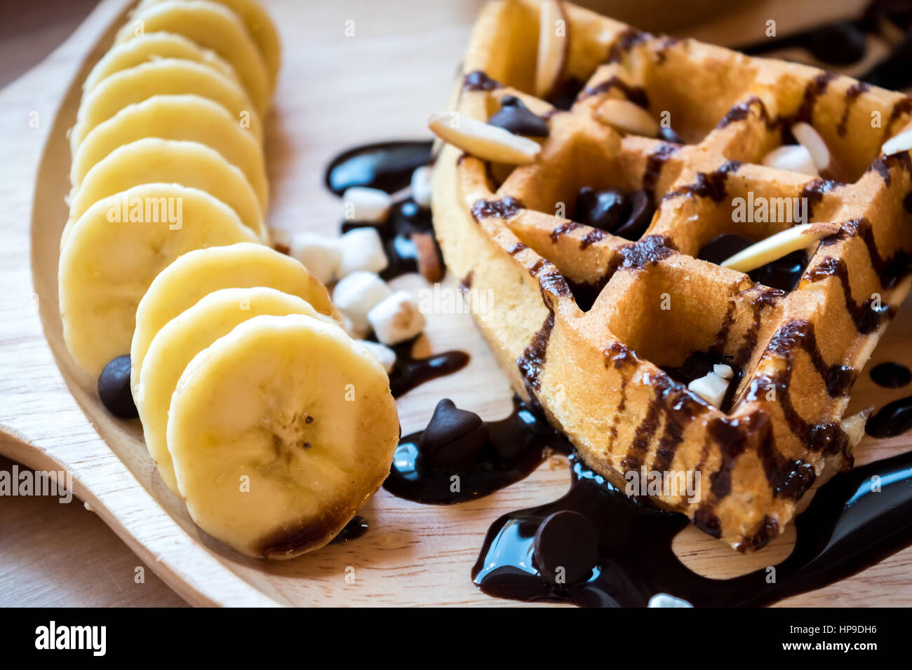 delicious sweet dessert : homemade waffle with chocolate sauce ...
