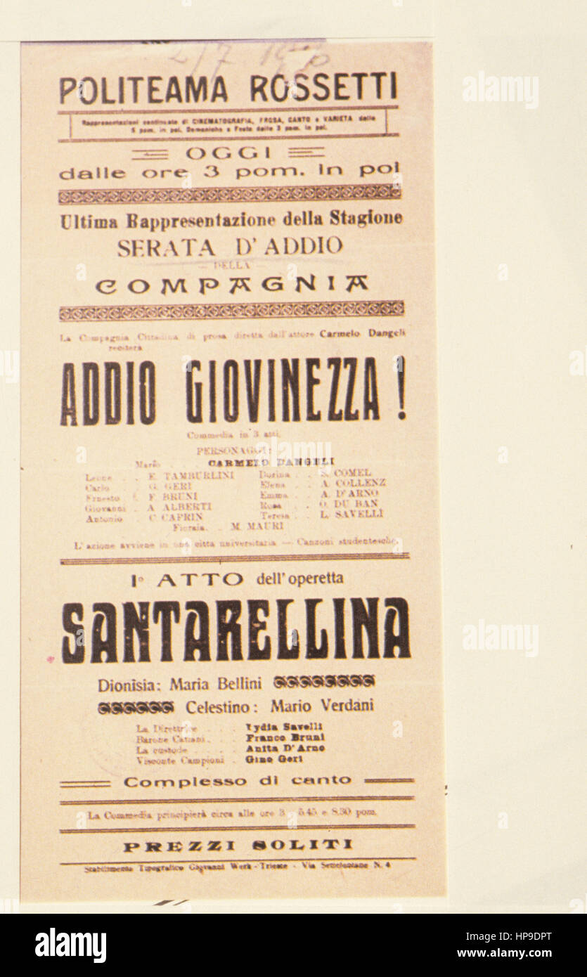 theatrical poster of the operetta addio giovinezza and santarellina Stock Photo
