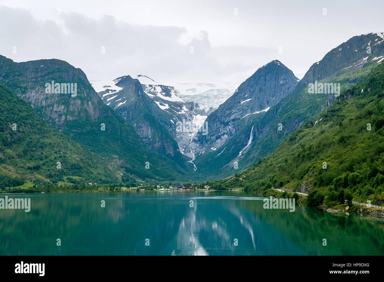 Briksdalsbreen glacier view from the fjord water. Stock Photo