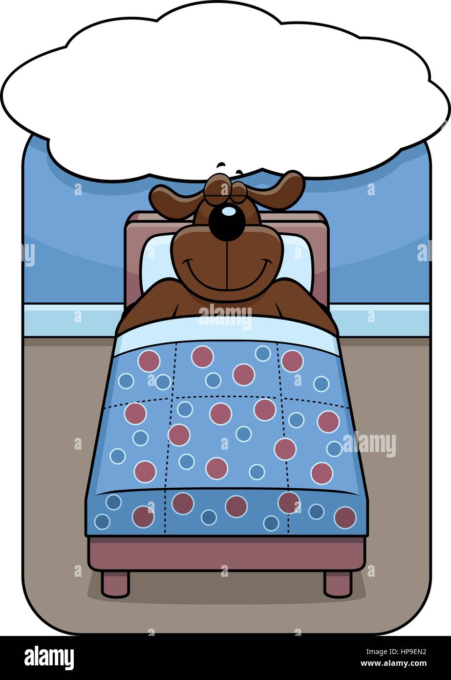 A cartoon dog in bed dreaming and smiling. Stock Vector