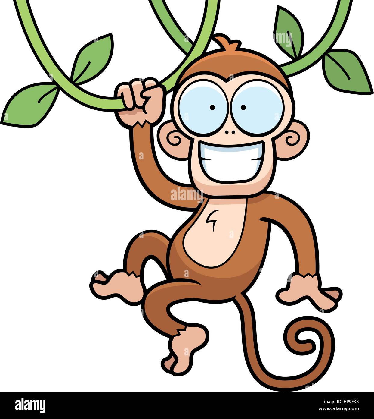 A cartoon monkey hanging from vines and smiling. Stock Vector