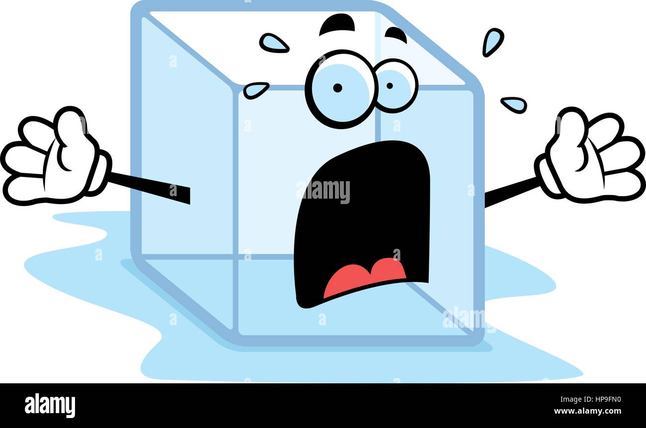 A cartoon melting ice cube with a scared expression. Stock Vector
