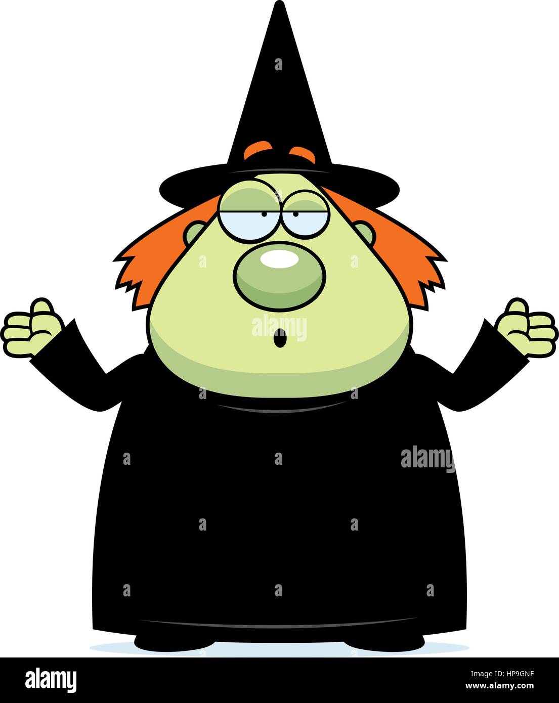 A cartoon witch looking confused and shrugging. Stock Vector