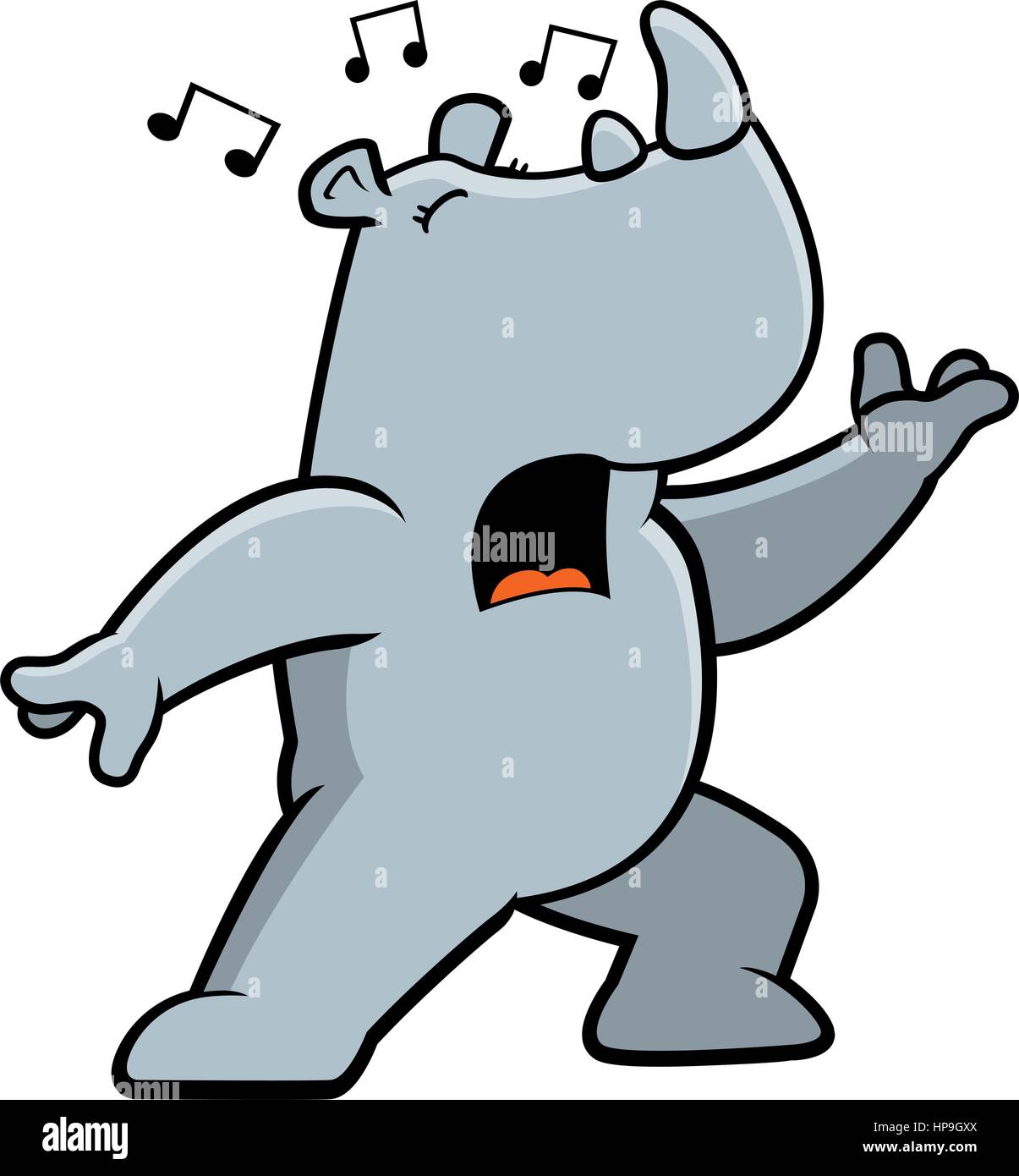 A cartoon rhino standing and singing a song. Stock Vector