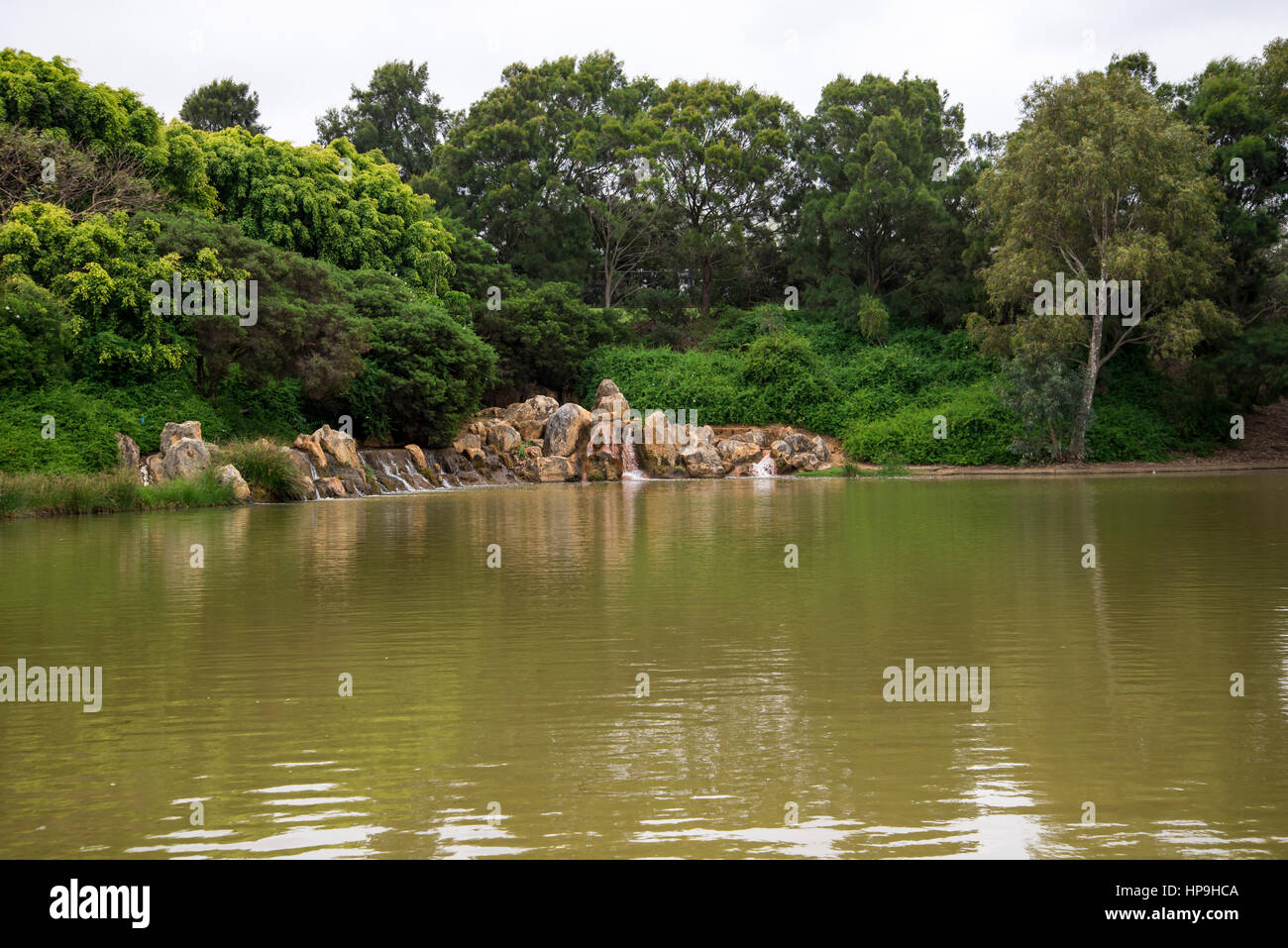 A small scenic pond with watefalls and rocks near Joondalup HBF Arena