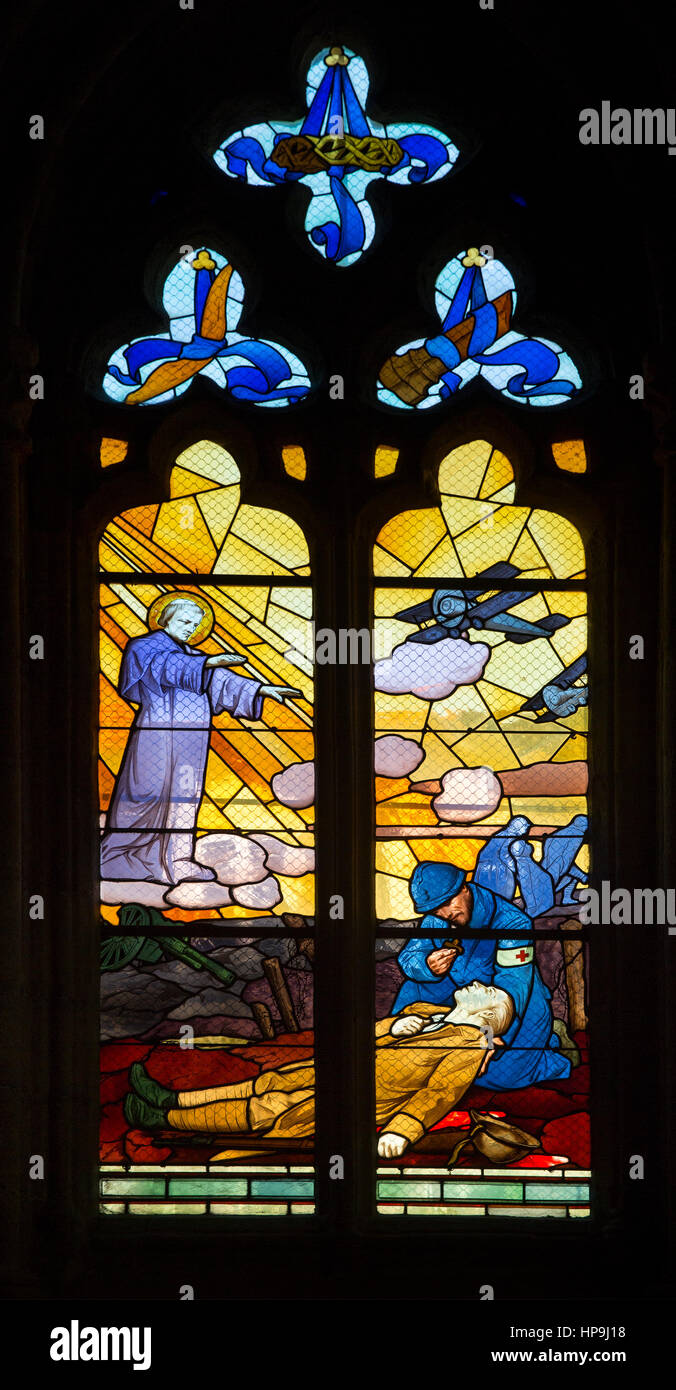 St. Tugdual Cathedral stained glass windows in Treguier, France - The windows are dedicated to the men of the parish who died in the First World War Stock Photo