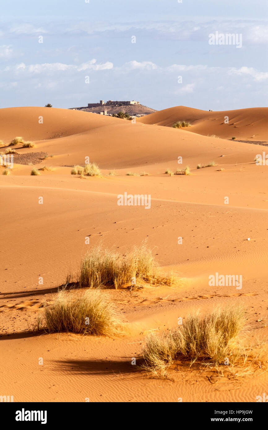 Merzouga, Morocco.  Approaching Merzouga through the Dunes. Stock Photo