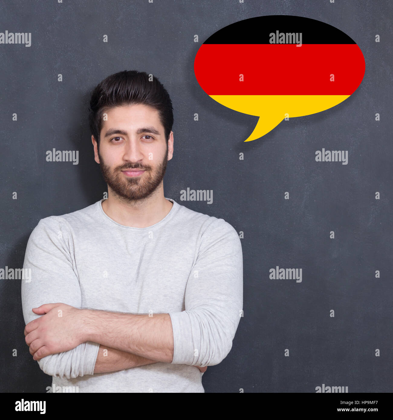 Man learn speaking german in bubble on chalkboard Stock Photo Alamy