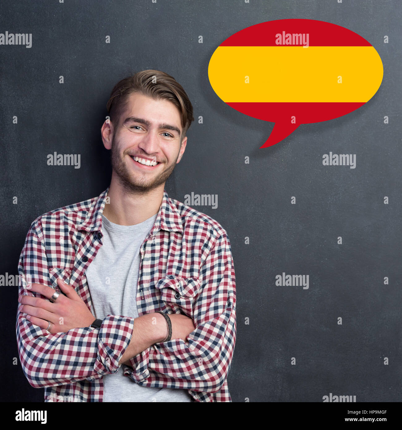 Man learn speaking spanish in bubble Stock Photo Alamy