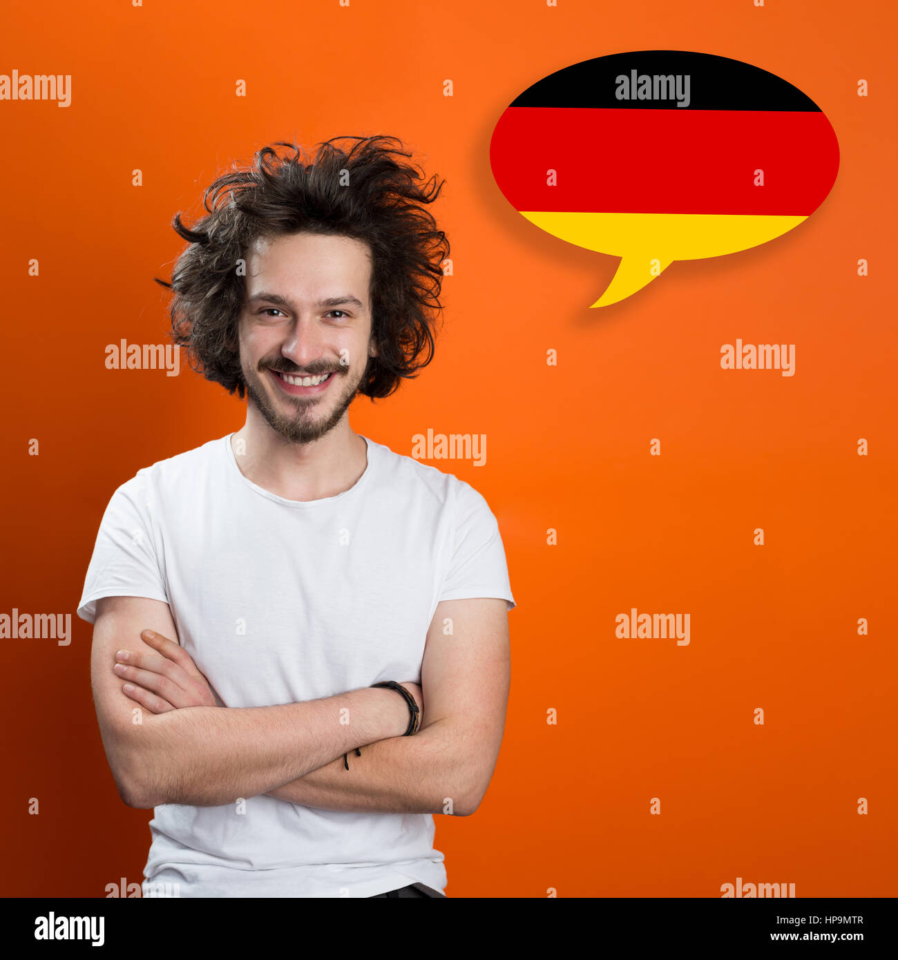 Man learn speaking german in bubble Stock Photo Alamy